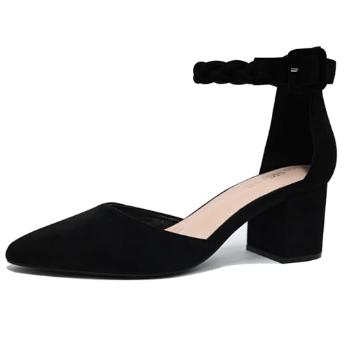SICARE Women's Low Block Heels Pumps 2 Inches Chunky Closed Toe Heels D'Orsay Pointed Toe Heels for Women Comfortable Ankle Strap Sexy Nude Black Heels Party Wedding Pumps Dress Shoes