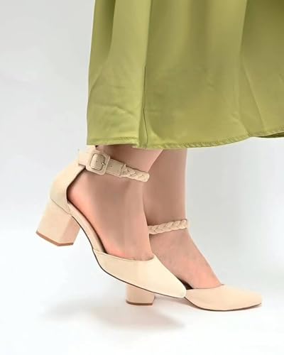 SICARE Women's Low Block Heels Pumps 2 Inches Chunky Closed Toe Heels D'Orsay Pointed Toe Heels for Women Comfortable Ankle Strap Sexy Nude Black Heels Party Wedding Pumps Dress Shoes