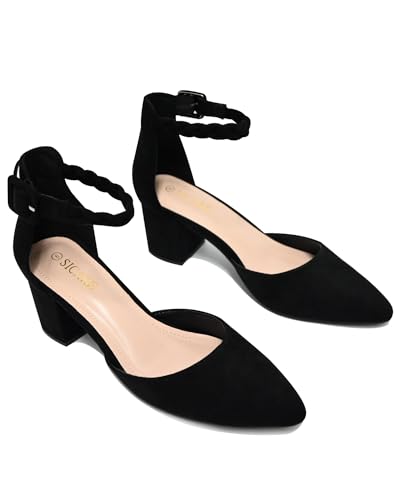 SICARE Women's Low Block Heels Pumps 2 Inches Chunky Closed Toe Heels D'Orsay Pointed Toe Heels for Women Comfortable Ankle Strap Sexy Nude Black Heels Party Wedding Pumps Dress Shoes