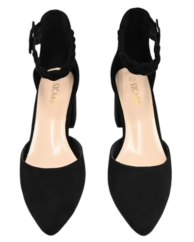 SICARE Women's Low Block Heels Pumps 2 Inches Chunky Closed Toe Heels D'Orsay Pointed Toe Heels for Women Comfortable Ankle Strap Sexy Nude Black Heels Party Wedding Pumps Dress Shoes