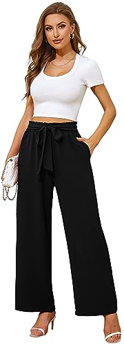 Actcat Damen Hose mit weitem Bein Leicht und Elegant Elastischer Bund Sommerhose mit Taschen für Legere Arbeit Geeignet
