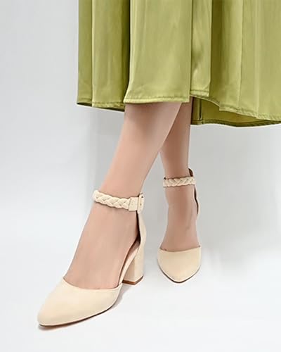 SICARE Women's Low Block Heels Pumps 2 Inches Chunky Closed Toe Heels D'Orsay Pointed Toe Heels for Women Comfortable Ankle Strap Sexy Nude Black Heels Party Wedding Pumps Dress Shoes