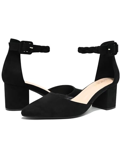 SICARE Women's Low Block Heels Pumps 2 Inches Chunky Closed Toe Heels D'Orsay Pointed Toe Heels for Women Comfortable Ankle Strap Sexy Nude Black Heels Party Wedding Pumps Dress Shoes