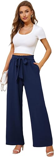 Actcat Damen Hose mit weitem Bein Leicht und Elegant Elastischer Bund Sommerhose mit Taschen für Legere Arbeit Geeignet