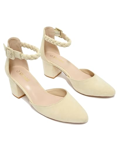SICARE Women's Low Block Heels Pumps 2 Inches Chunky Closed Toe Heels D'Orsay Pointed Toe Heels for Women Comfortable Ankle Strap Sexy Nude Black Heels Party Wedding Pumps Dress Shoes