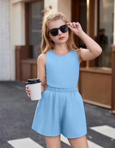 Arshiner Bekleidungssets Mädchen Sommer Lässige Mode Kinder Zweiteilig Kleidung Sets Shorts Einfarbig Tanktop und Shorts Sets Kinder 2-teiliges Strand-Outfits 5-13 Jahre