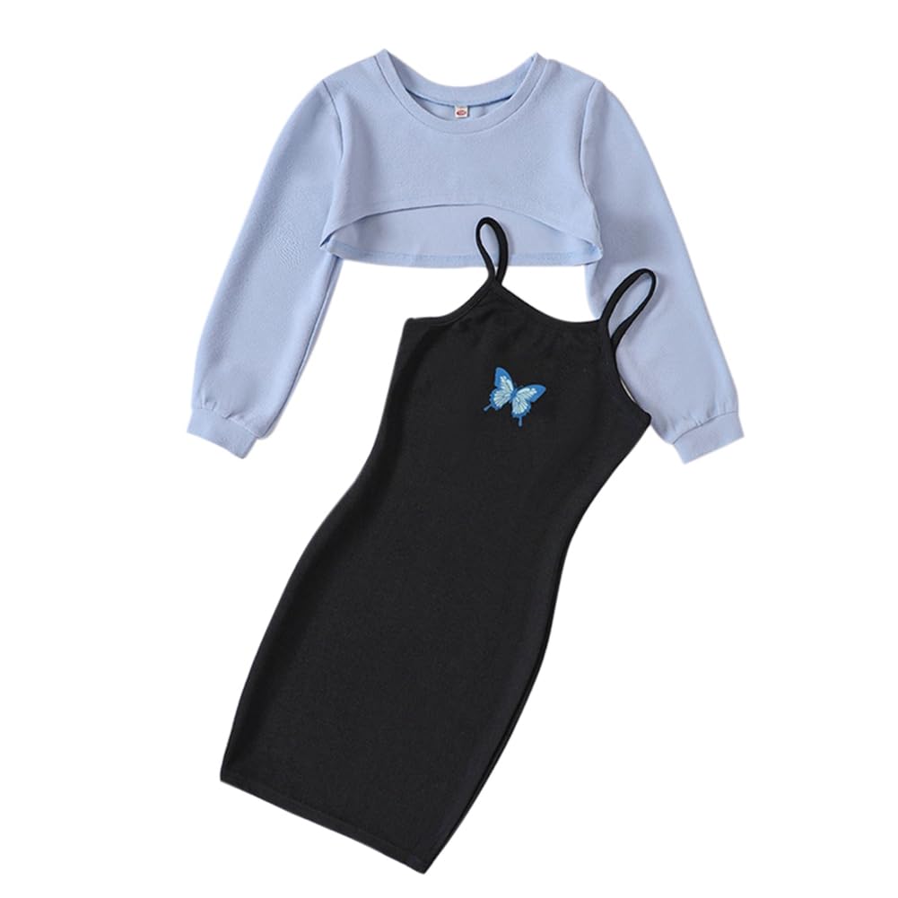 Zweiteiler Mädchen Bekleidungssets Outfit ärmelloses figurbetontes Cami Kleid & langärmliges Oberteil Crop Tops Sommer Teenager Mädchen Schmetterlings Kleider 122,128,134,140,146,152,158,164