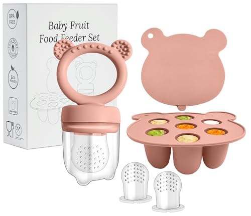 WeSweet Fruchtsauger Baby | Silikon Futterspender für Babynahrung und Gefriertablett für Babynahrung, Milch-Eis am Stiel, zur Linderung des Zahnens von Babys, Schnuller zum Selbstfüttern (Bear Sand)