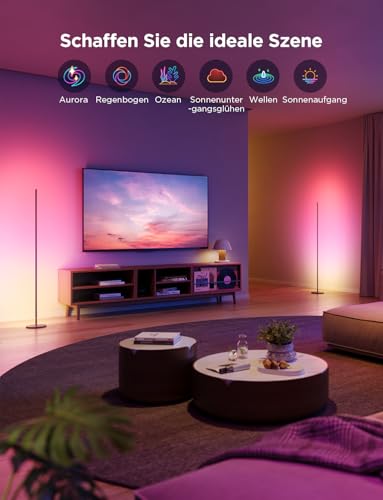 Govee RGBIC LED Stehlampe Wohnzimmer, WiFi Stehlampe Dimmbar, Arbeiten Sie mit Alexa und Google Assistant, 16 Millionen Farben, 58 Szenenmodi, Musikmodi, DIY-Modus für Schlafzimmer Gaming, Schwarz