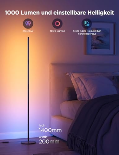 Govee RGBIC LED Stehlampe Wohnzimmer, WiFi Stehlampe Dimmbar, Arbeiten Sie mit Alexa und Google Assistant, 16 Millionen Farben, 58 Szenenmodi, Musikmodi, DIY-Modus für Schlafzimmer Gaming, Schwarz