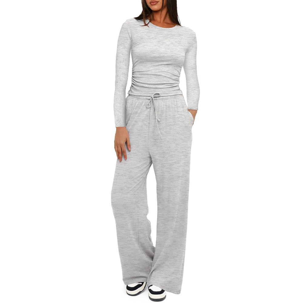 KOEMCY Zweiteiler Damen 2 Stück Tracksuit Langarm Rundhalsausschnitt Jogginganzug Sweatshirt und Weites Bein Hose mit Taschen Elegant Freizeitanzug Sportanzug