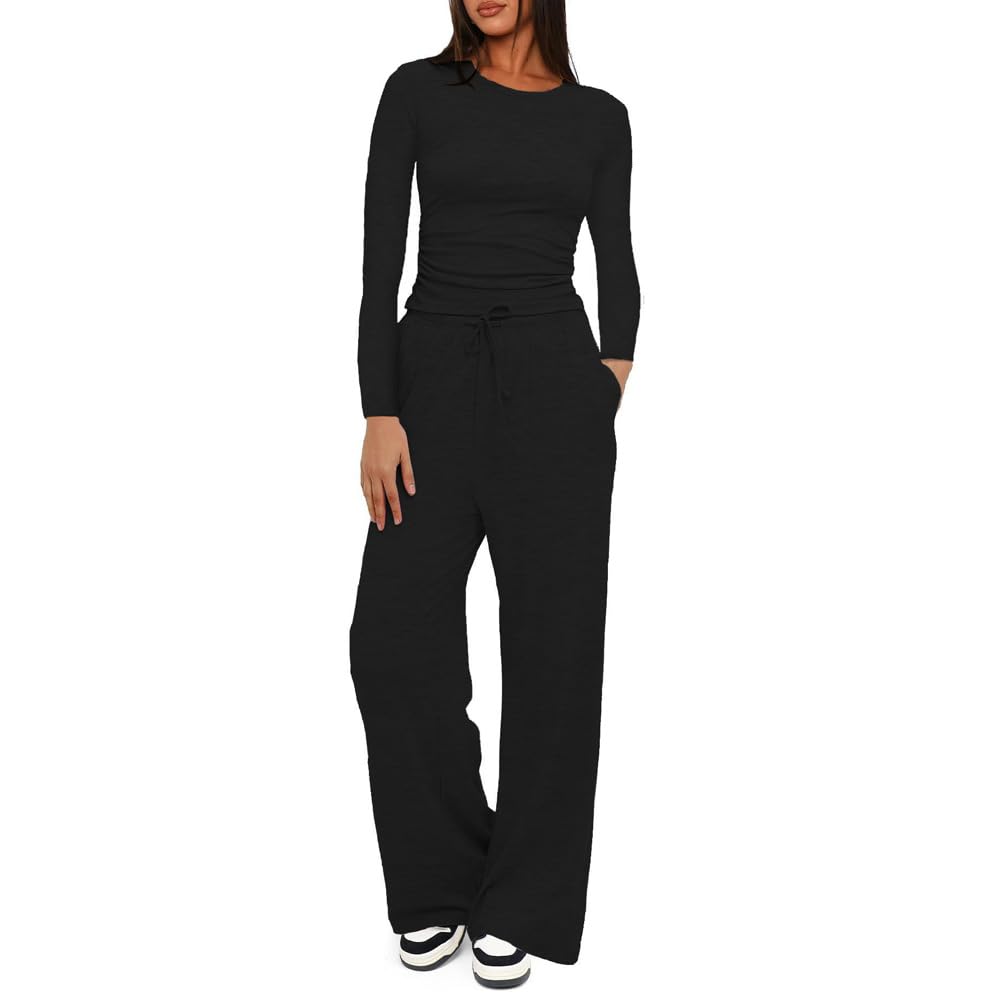 KOEMCY Zweiteiler Damen 2 Stück Tracksuit Langarm Rundhalsausschnitt Jogginganzug Sweatshirt und Weites Bein Hose mit Taschen Elegant Freizeitanzug Sportanzug