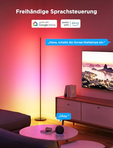 Govee RGBIC LED Stehlampe Wohnzimmer, WiFi Stehlampe Dimmbar, Arbeiten Sie mit Alexa und Google Assistant, 16 Millionen Farben, 58 Szenenmodi, Musikmodi, DIY-Modus für Schlafzimmer Gaming, Schwarz