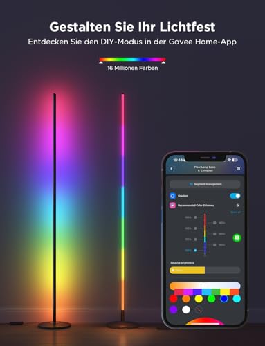 Govee RGBIC LED Stehlampe Wohnzimmer, WiFi Stehlampe Dimmbar, Arbeiten Sie mit Alexa und Google Assistant, 16 Millionen Farben, 58 Szenenmodi, Musikmodi, DIY-Modus für Schlafzimmer Gaming, Schwarz