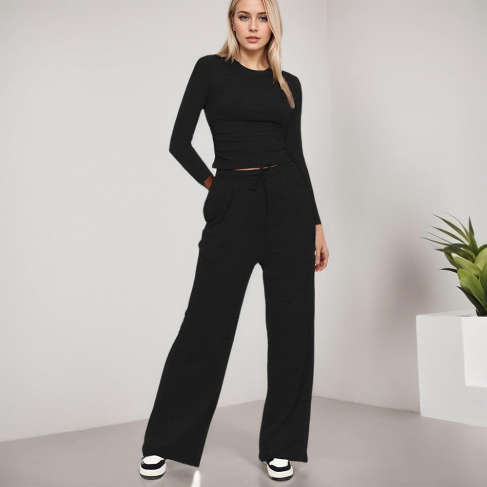 KOEMCY Zweiteiler Damen 2 Stück Tracksuit Langarm Rundhalsausschnitt Jogginganzug Sweatshirt und Weites Bein Hose mit Taschen Elegant Freizeitanzug Sportanzug