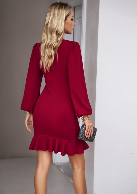 Haibang Damen Kleid Elegant Langarm Bodycon Rüschen Puffärmel Kurz Kleider Einfarbige Abendkleider Partykleid Vintage Freizeitkleid Rundhals Businesskleider Sexy Bleistiftkleid für Festlich Hochzeit
