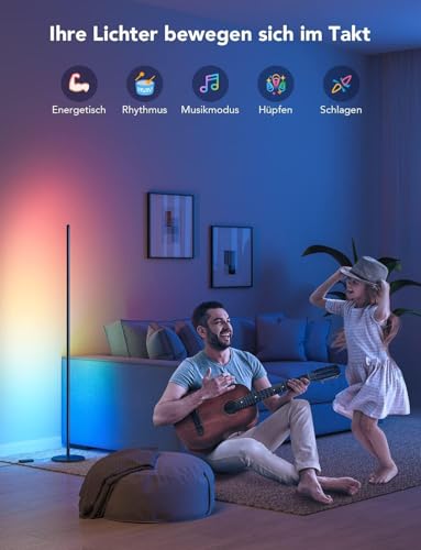 Govee RGBIC LED Stehlampe Wohnzimmer, WiFi Stehlampe Dimmbar, Arbeiten Sie mit Alexa und Google Assistant, 16 Millionen Farben, 58 Szenenmodi, Musikmodi, DIY-Modus für Schlafzimmer Gaming, Schwarz