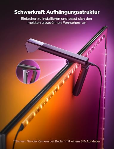 Govee TV Hintergrundbeleuchtung 3 Lite mit Fish-Eye Korrektur Funktion, Sync für 55-65 Zoll TVs, 3,6M RGBICW WiFi TV LED Strip mit Kamera, 4 Farben in 1 Lampenperle, Sprach- & APP-Steuerung