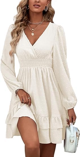 Vangreynve Damen Minikleid V-Ausschnitt A-Linie Kleider Elegant Hohe Taille Langarm Freizeitkleid