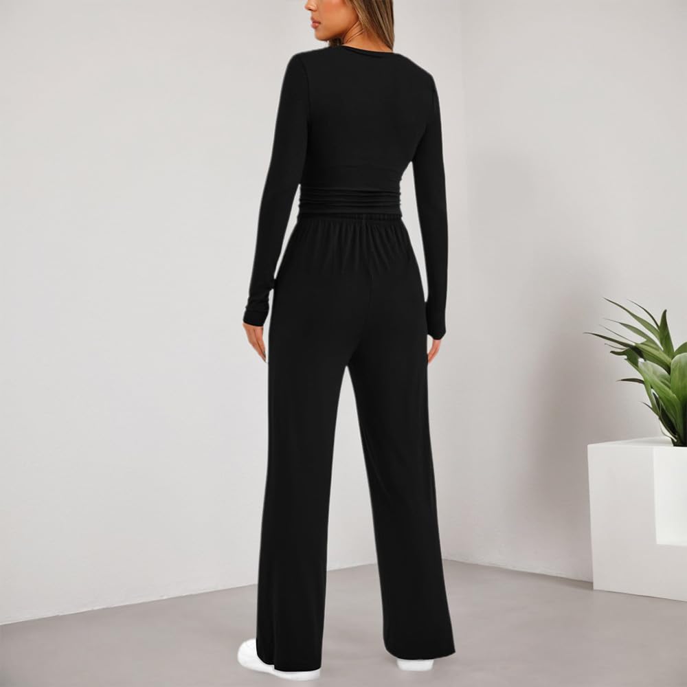 KOEMCY Zweiteiler Damen 2 Stück Tracksuit Langarm Rundhalsausschnitt Jogginganzug Sweatshirt und Weites Bein Hose mit Taschen Elegant Freizeitanzug Sportanzug