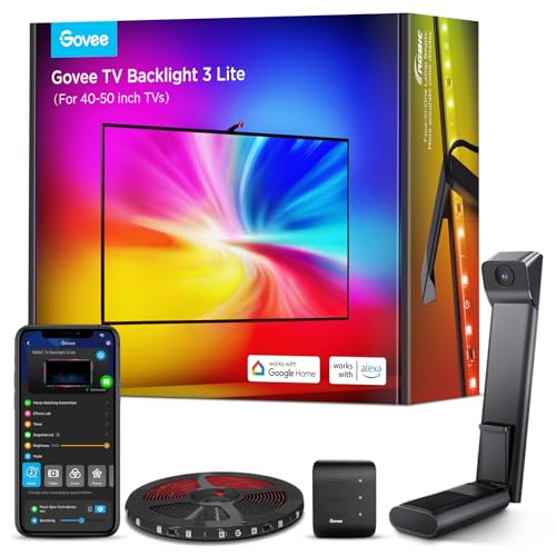 Govee TV Hintergrundbeleuchtung 3 Lite mit Fish-Eye Korrektur Funktion, Sync für 55-65 Zoll TVs, 3,6M RGBICW WiFi TV LED Strip mit Kamera, 4 Farben in 1 Lampenperle, Sprach- & APP-Steuerung
