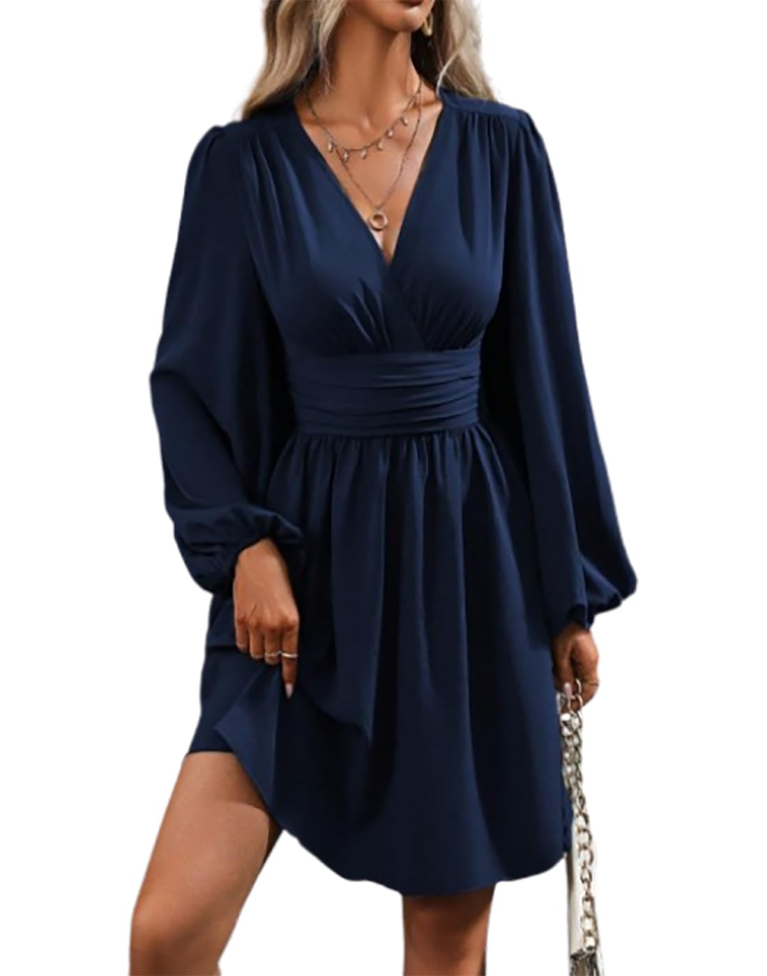 Vangreynve Damen Minikleid V-Ausschnitt A-Linie Kleider Elegant Hohe Taille Langarm Freizeitkleid