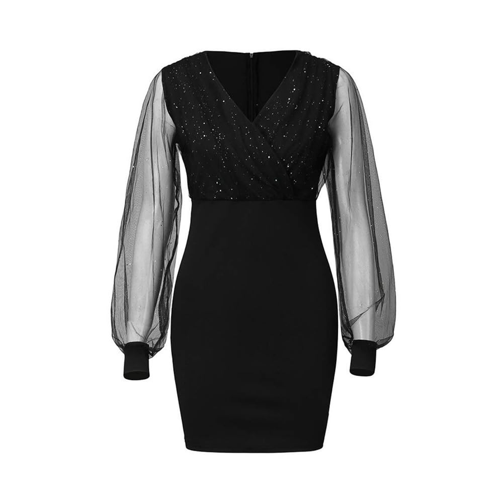 Mini Langarm Kleid Damen Elegante Pailletten Kleid Kurze Eng Spitzen Kleider Abendkleid Damen Figurbetontes Lange Ärmel Partykleid Moden Hohe Taille Wickelkleider