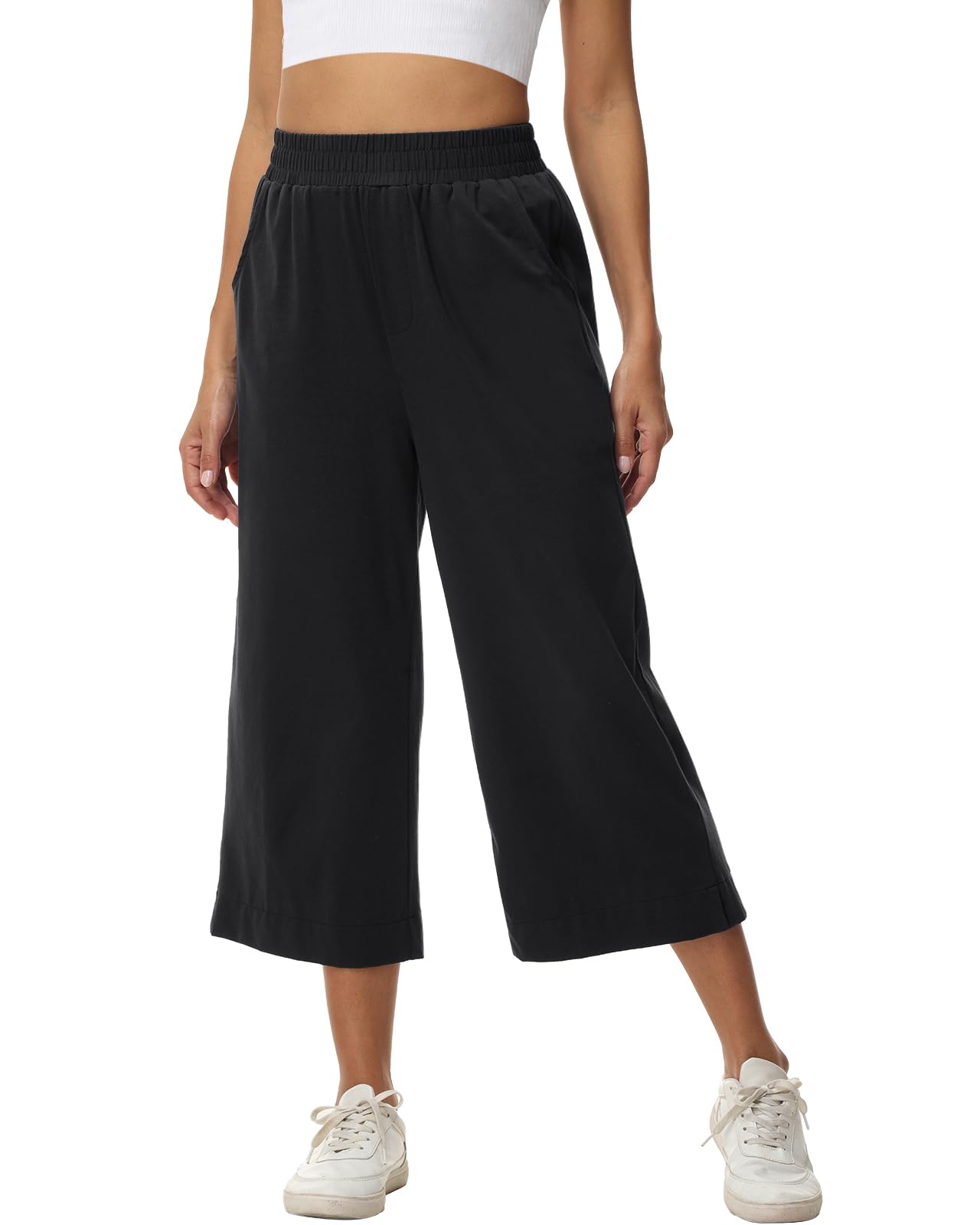 Damen 3/4 Culotte Hose leicht Sommerhose aus Baumwolle Jogginghose mit Taschen