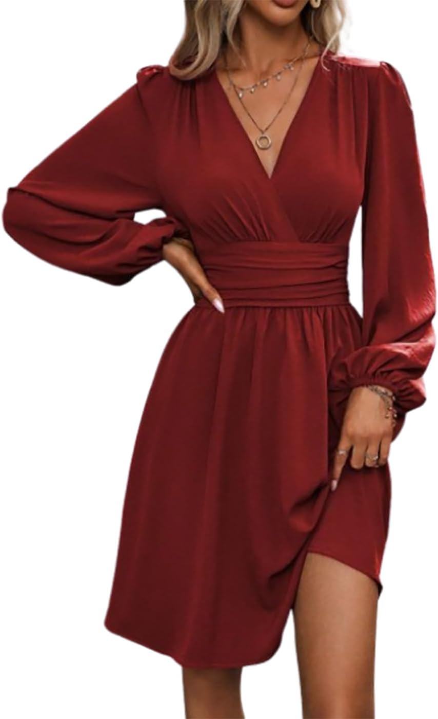 Vangreynve Damen Minikleid V-Ausschnitt A-Linie Kleider Elegant Hohe Taille Langarm Freizeitkleid