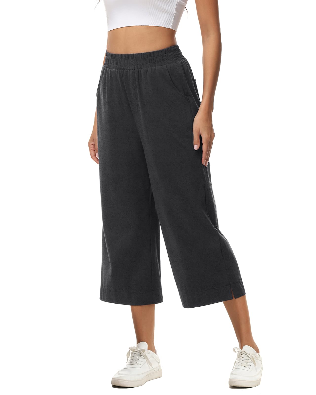 Damen 3/4 Culotte Hose leicht Sommerhose aus Baumwolle Jogginghose mit Taschen