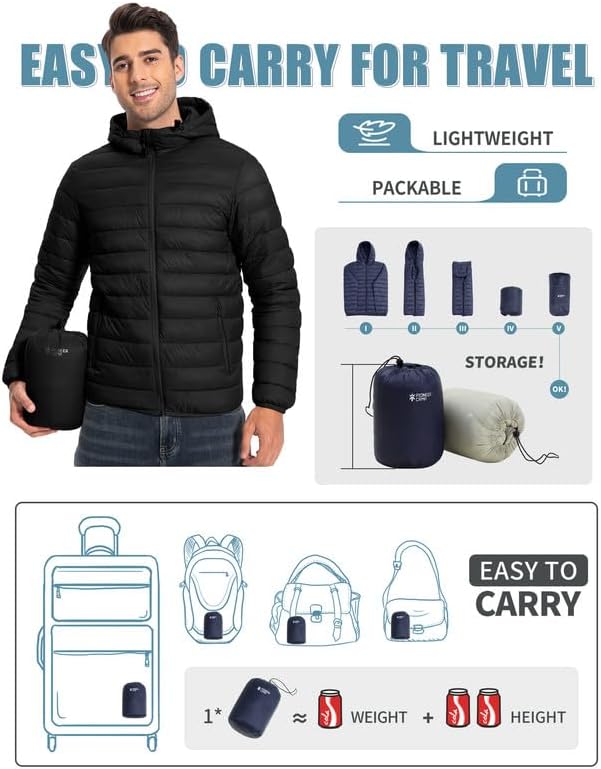 Winter Jacket Men's Packable Outdoor Down Jackets Hooded Jacket Autumn Waterproof Puffer Jacket with 6 Pockets for Running Travel