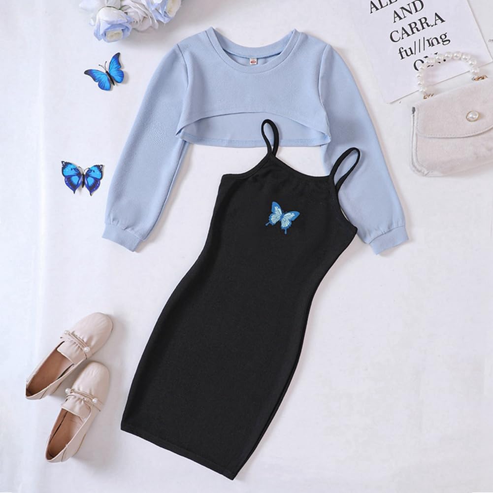 Zweiteiler Mädchen Bekleidungssets Outfit ärmelloses figurbetontes Cami Kleid & langärmliges Oberteil Crop Tops Sommer Teenager Mädchen Schmetterlings Kleider 122,128,134,140,146,152,158,164