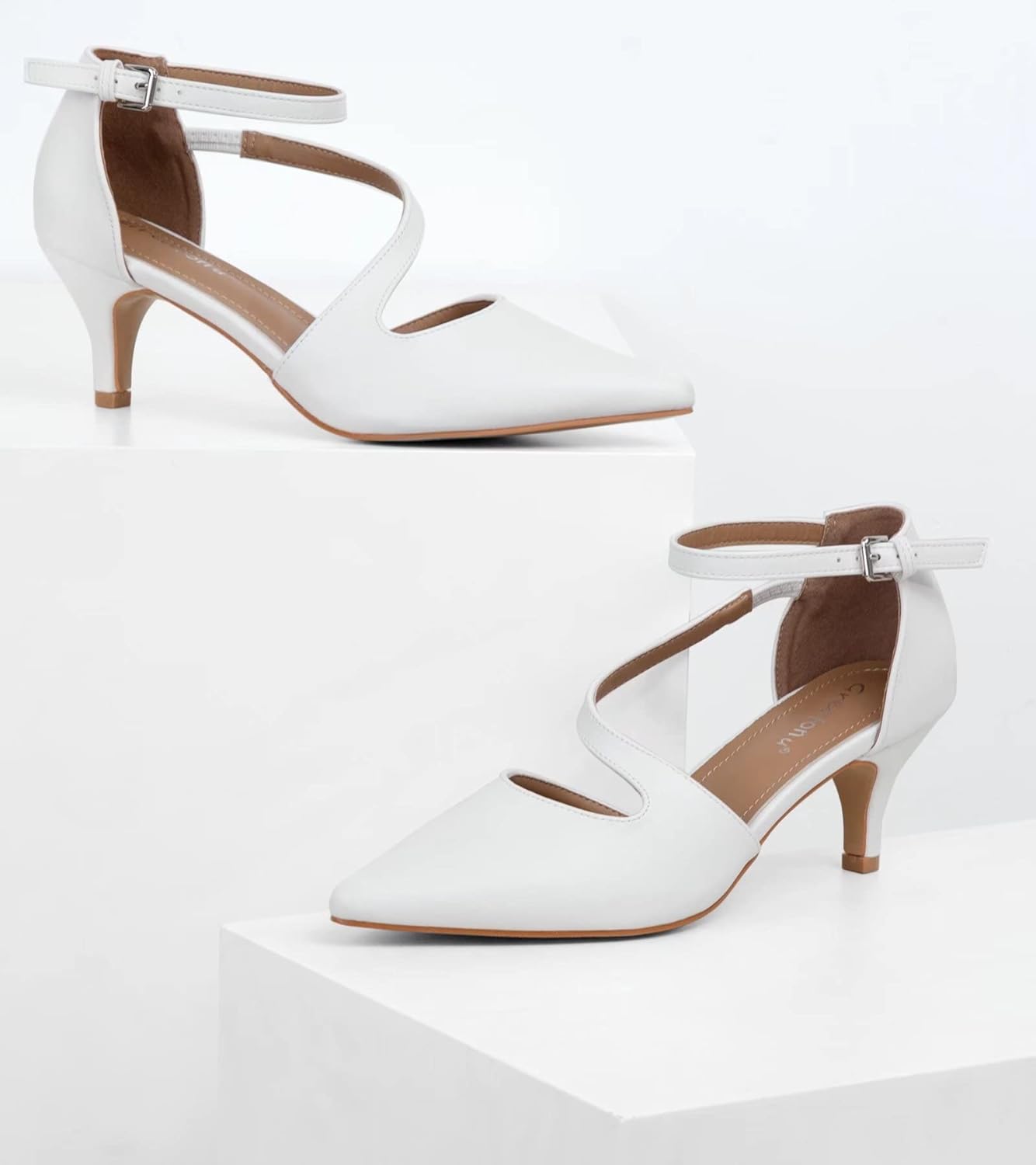 Greatonu Women's Pointed Toe Court Shoes with Ankle Strap and Kitten Heel