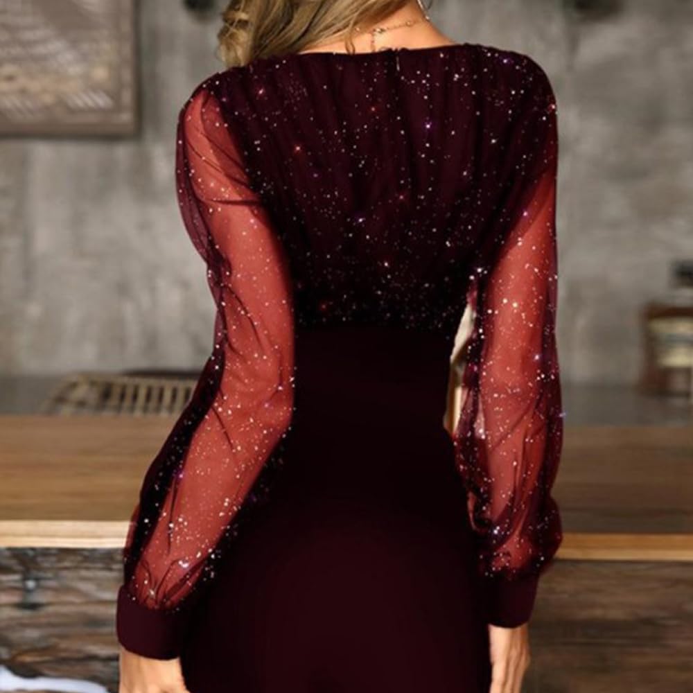 Mini Langarm Kleid Damen Elegante Pailletten Kleid Kurze Eng Spitzen Kleider Abendkleid Damen Figurbetontes Lange Ärmel Partykleid Moden Hohe Taille Wickelkleider