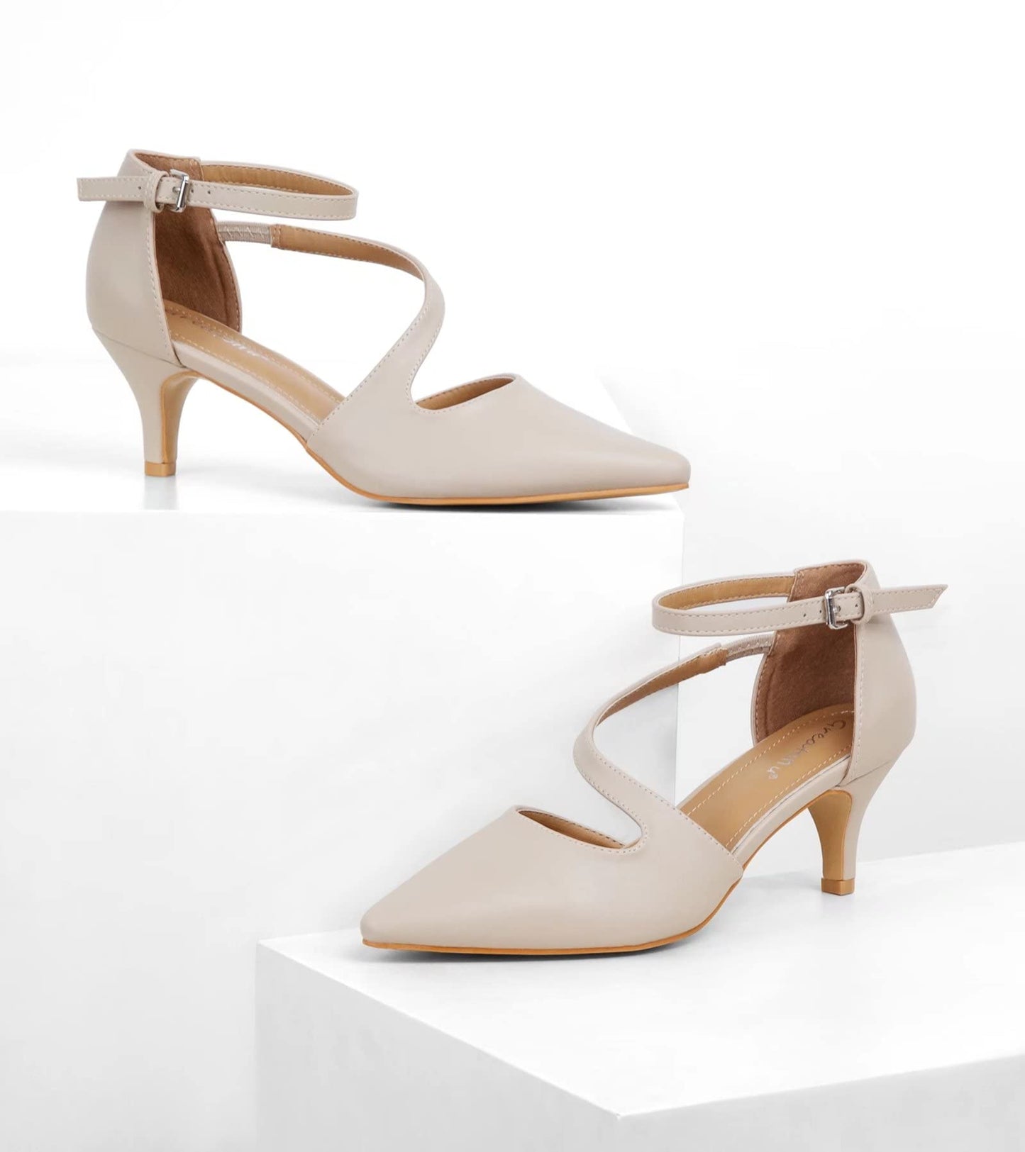 Greatonu Women's Pointed Toe Court Shoes with Ankle Strap and Kitten Heel