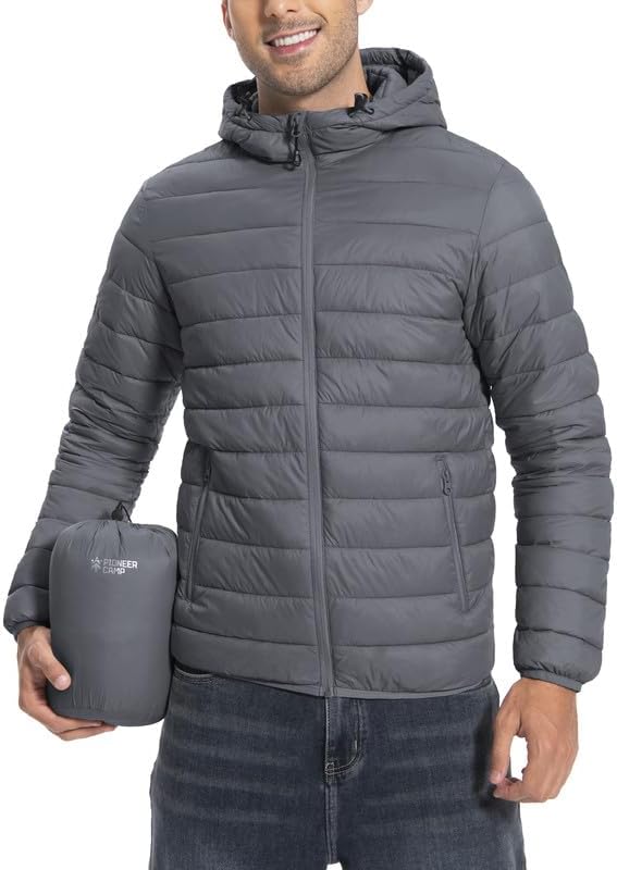 Winter Jacket Men's Packable Outdoor Down Jackets Hooded Jacket Autumn Waterproof Puffer Jacket with 6 Pockets for Running Travel