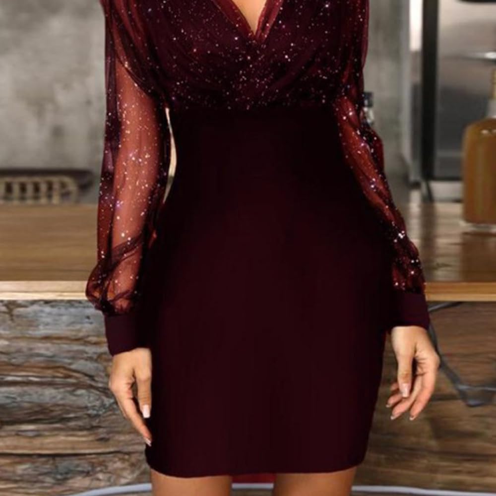 Mini Langarm Kleid Damen Elegante Pailletten Kleid Kurze Eng Spitzen Kleider Abendkleid Damen Figurbetontes Lange Ärmel Partykleid Moden Hohe Taille Wickelkleider