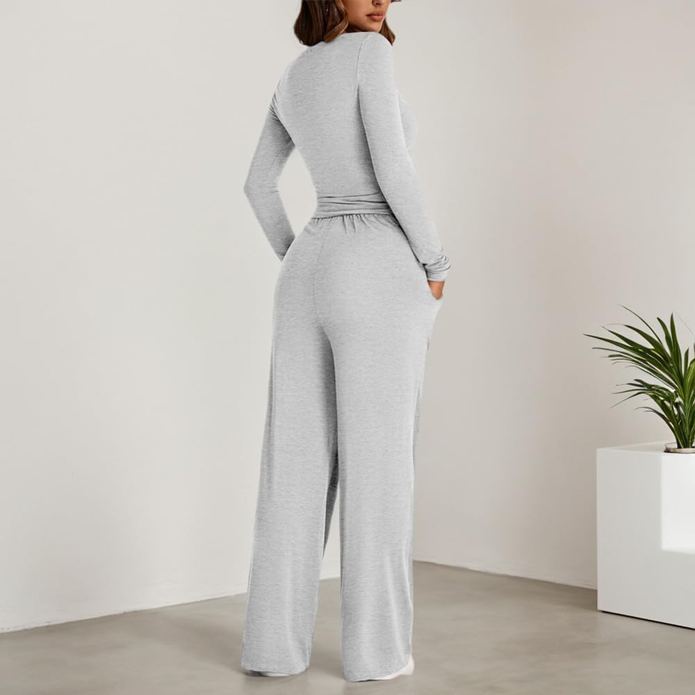 KOEMCY Zweiteiler Damen 2 Stück Tracksuit Langarm Rundhalsausschnitt Jogginganzug Sweatshirt und Weites Bein Hose mit Taschen Elegant Freizeitanzug Sportanzug