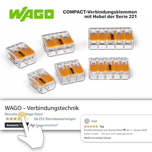 WAGO Verbindungsklemmen 221-413 | 3 Leiter, bis 4 mm², 50 Stück, COMPACT Kabelverbinder mit Hebel für alle Leiterarten weltweit, bestätigte Anwendungssicherheit