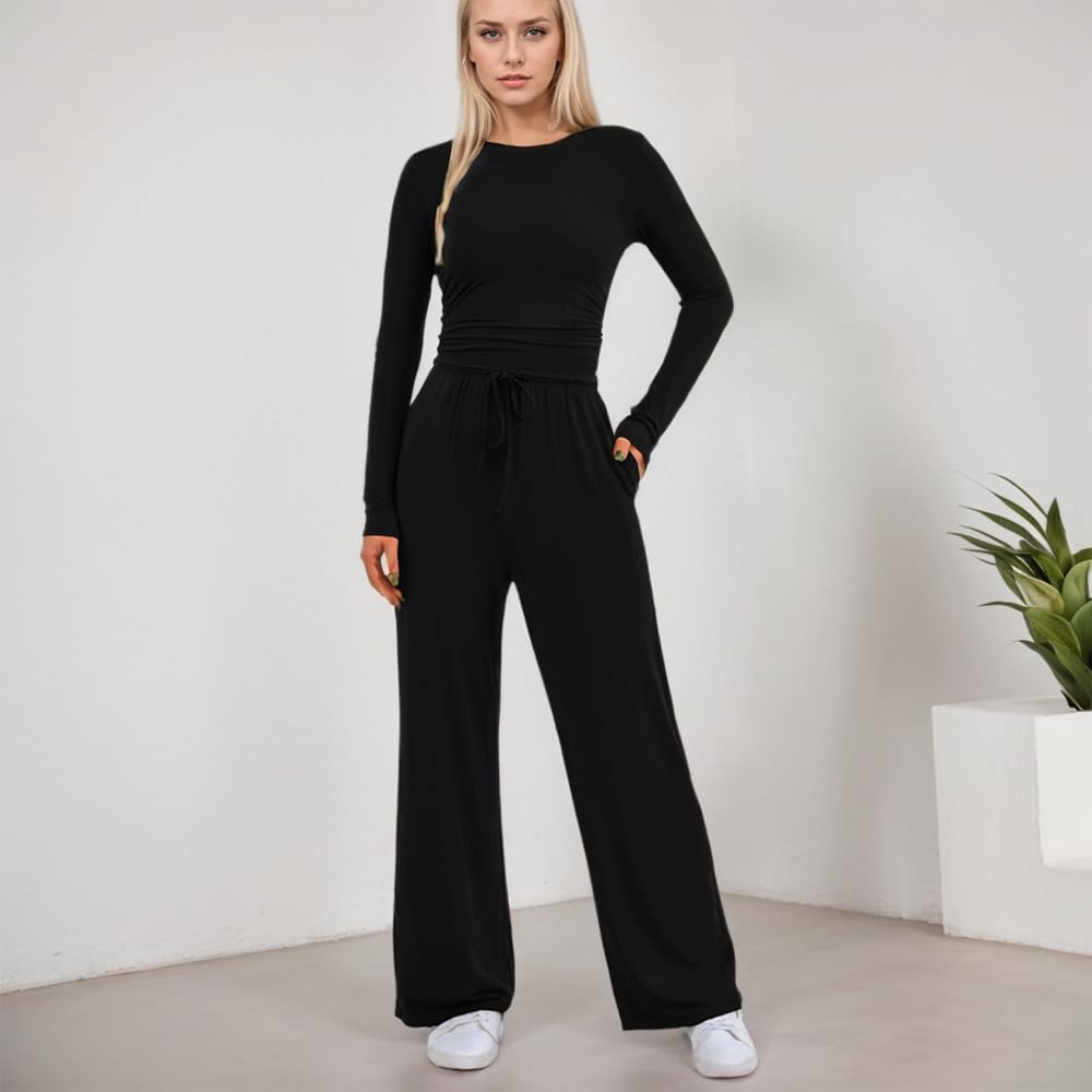 KOEMCY Zweiteiler Damen 2 Stück Tracksuit Langarm Rundhalsausschnitt Jogginganzug Sweatshirt und Weites Bein Hose mit Taschen Elegant Freizeitanzug Sportanzug