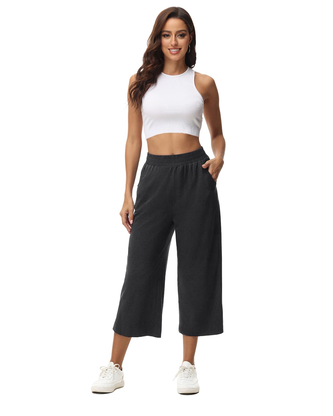 Damen 3/4 Culotte Hose leicht Sommerhose aus Baumwolle Jogginghose mit Taschen