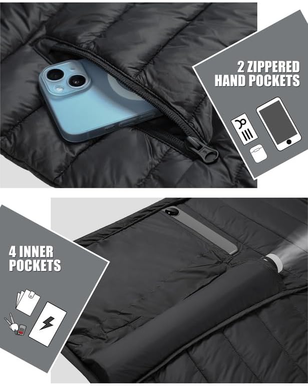 Winter Jacket Men's Packable Outdoor Down Jackets Hooded Jacket Autumn Waterproof Puffer Jacket with 6 Pockets for Running Travel