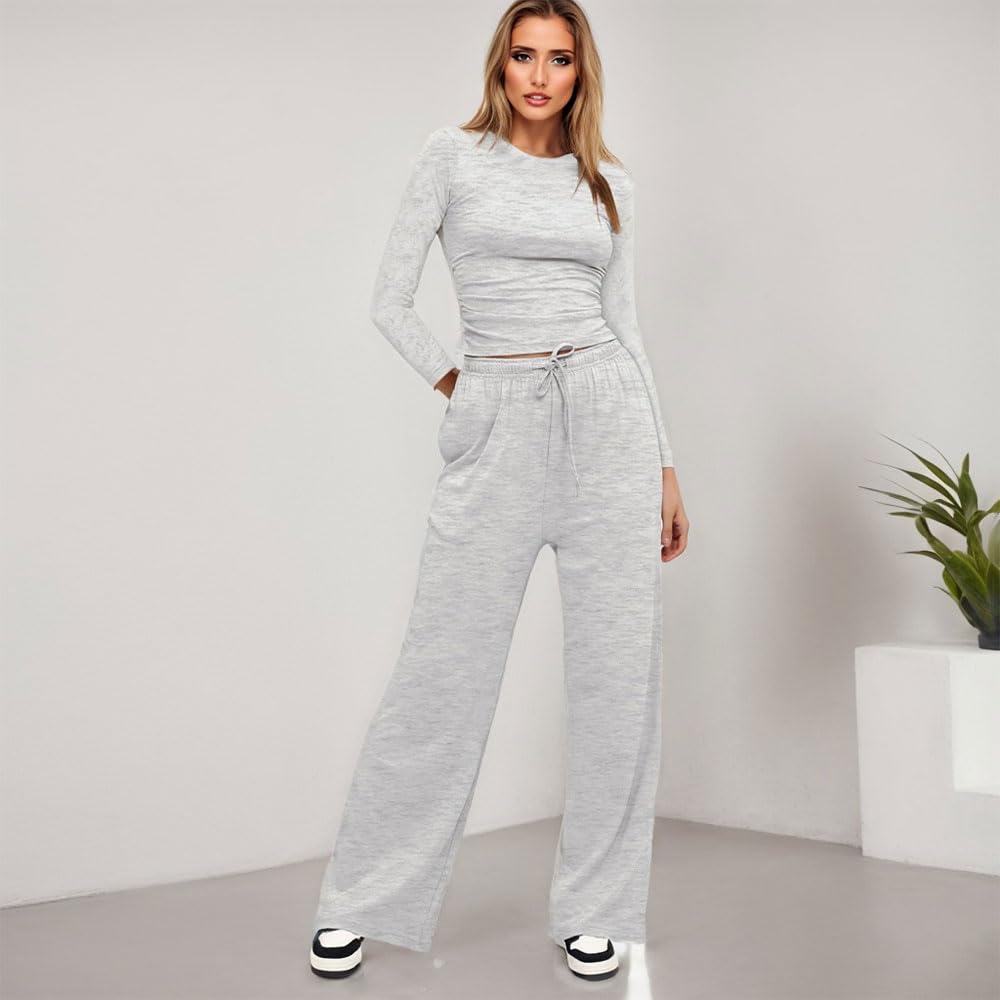 KOEMCY Zweiteiler Damen 2 Stück Tracksuit Langarm Rundhalsausschnitt Jogginganzug Sweatshirt und Weites Bein Hose mit Taschen Elegant Freizeitanzug Sportanzug