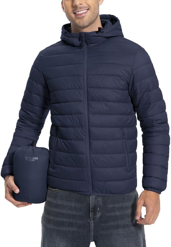 Winter Jacket Men's Packable Outdoor Down Jackets Hooded Jacket Autumn Waterproof Puffer Jacket with 6 Pockets for Running Travel