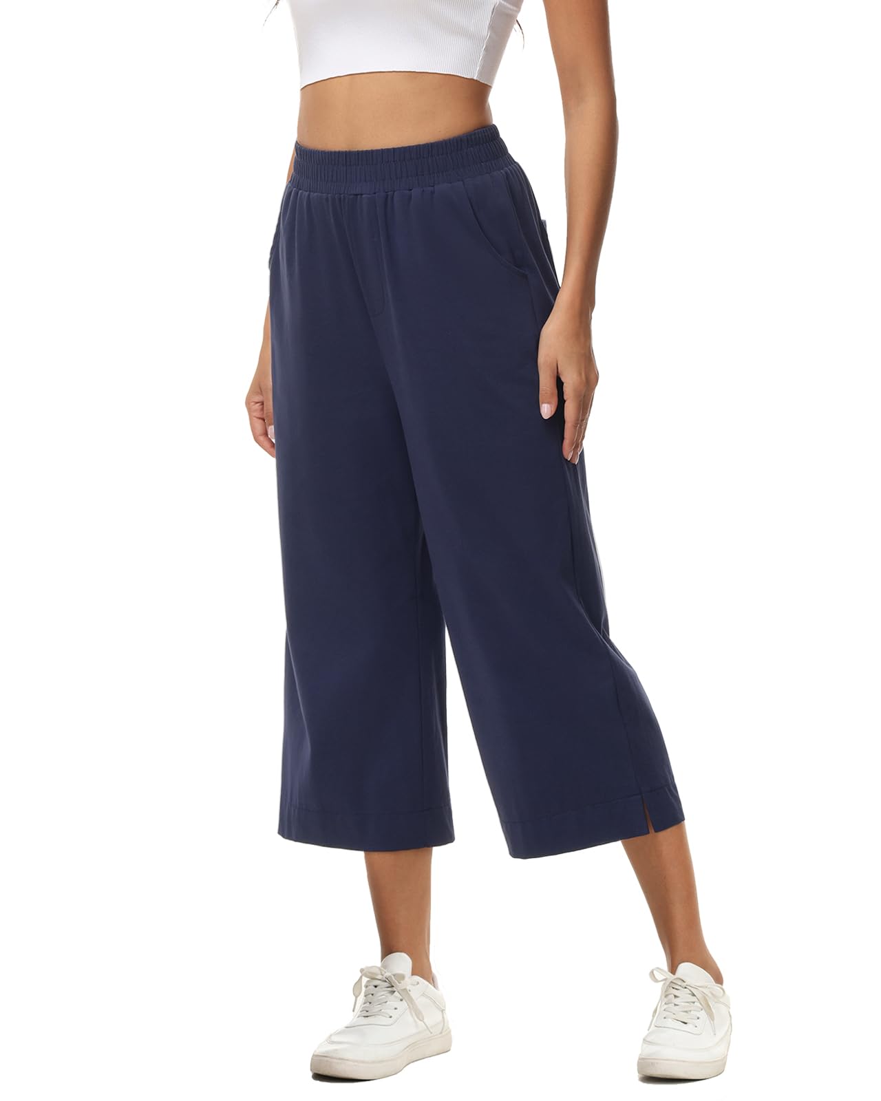 Damen 3/4 Culotte Hose leicht Sommerhose aus Baumwolle Jogginghose mit Taschen