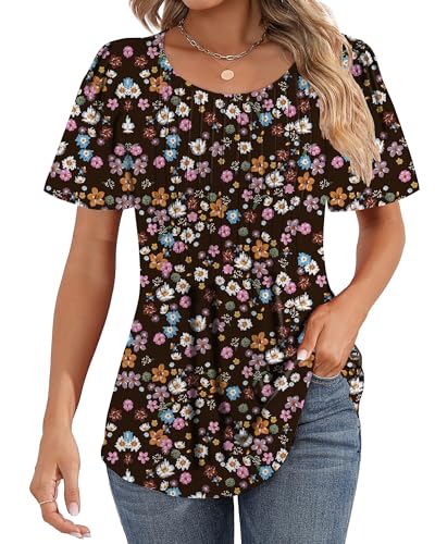 Cuptacc Tshirt Damen Rundhals Mit Falten Locker Puffärmel T-Shirt Elegant Kurzarm Geblümt/Einfarbig Top Damen