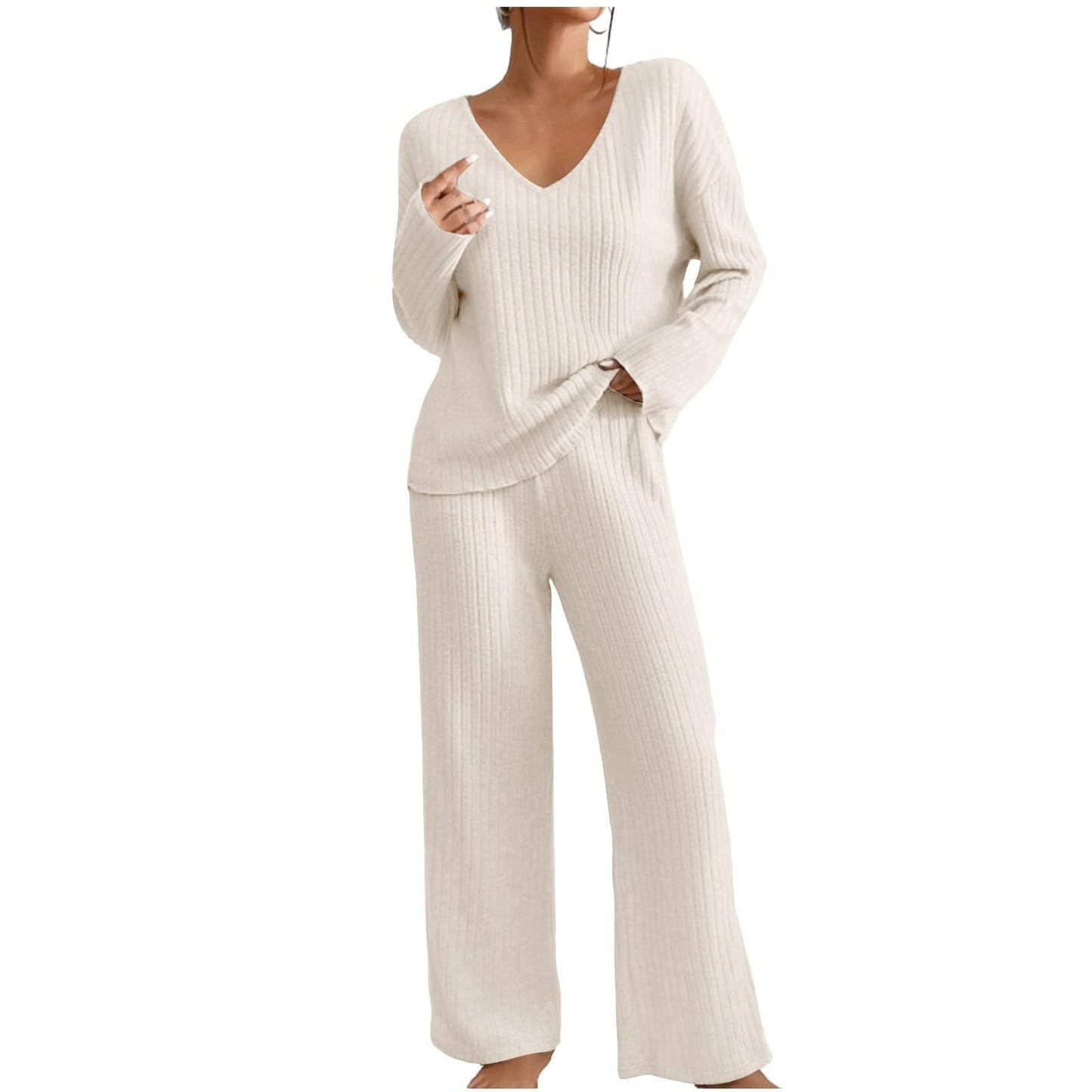 Hausanzug Damen Elegant Gestrickte Loungewear Einfarbig Strickanzug Langarm Schlafanzüge Zweiteiler V-Ausschnitt Homewear Locker Freizeitanzug Outfit Weites Bein Hose mit Taschen Lounge Set