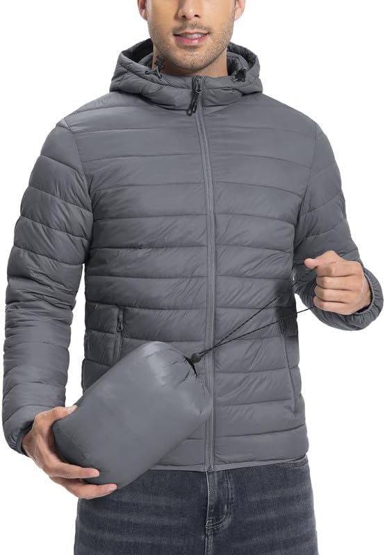 Winter Jacket Men's Packable Outdoor Down Jackets Hooded Jacket Autumn Waterproof Puffer Jacket with 6 Pockets for Running Travel