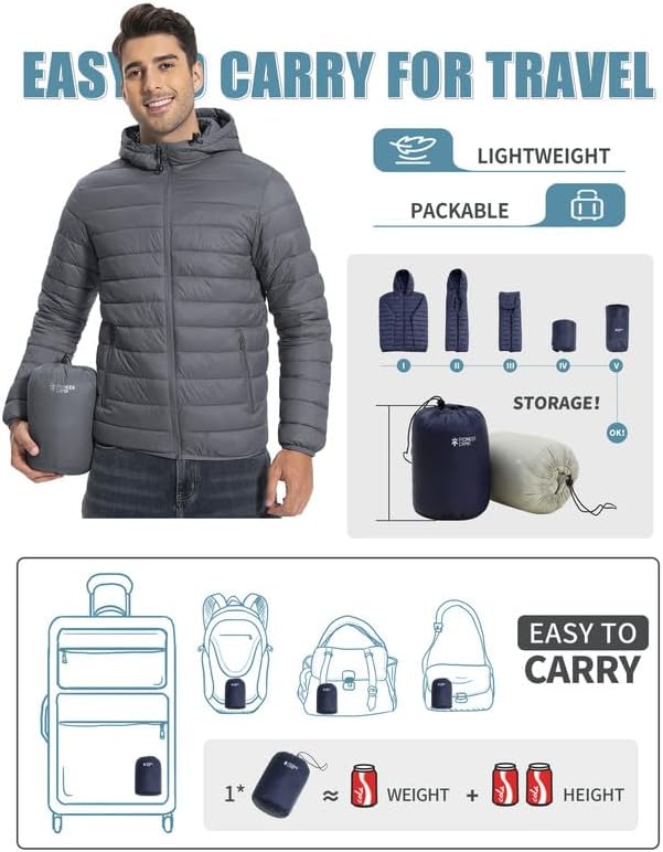 Winter Jacket Men's Packable Outdoor Down Jackets Hooded Jacket Autumn Waterproof Puffer Jacket with 6 Pockets for Running Travel
