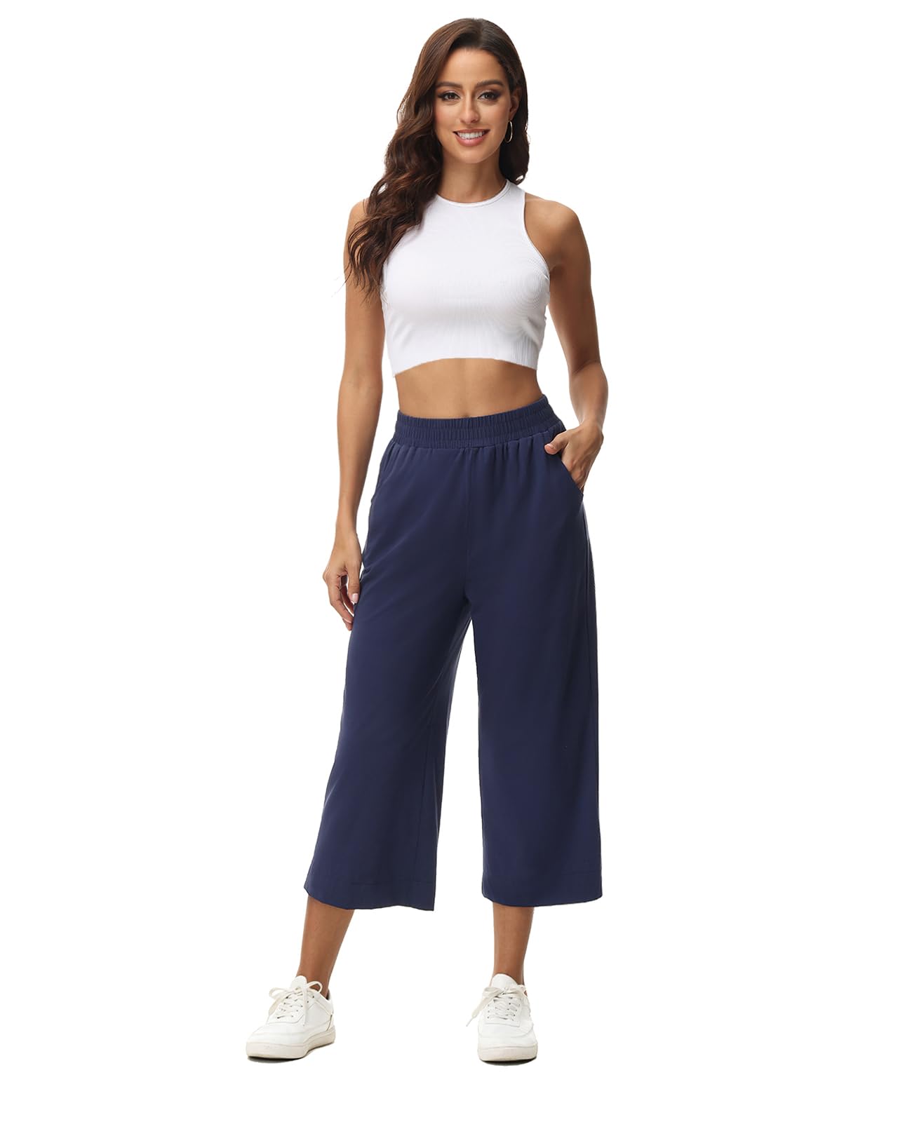 Damen 3/4 Culotte Hose leicht Sommerhose aus Baumwolle Jogginghose mit Taschen